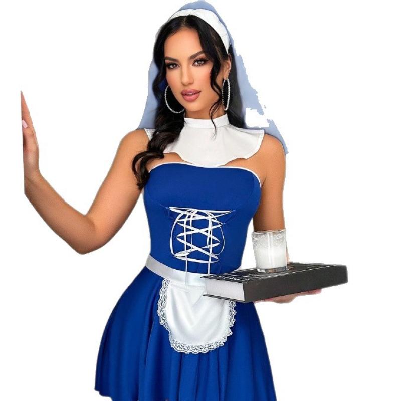 بدلة خادمة مغرية - طقم كوسبلاي مثير برباطات ظهر مكشوف وتنورة قصيرة